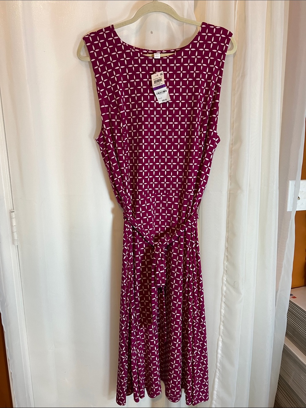 Charter Club Sleeveless Geometric Tie-Waist Midi Dress in Magenta and White